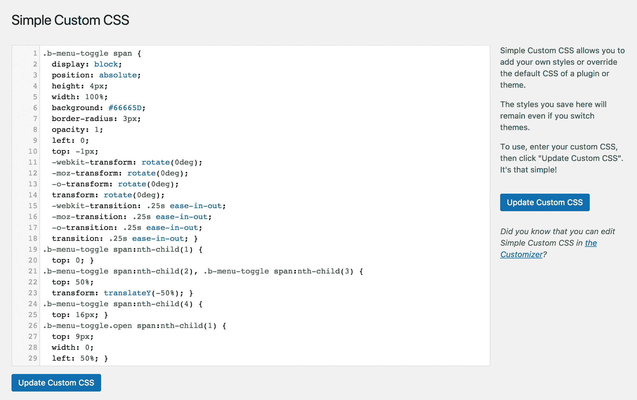 Simple Custom CSS Plug-in für CSS