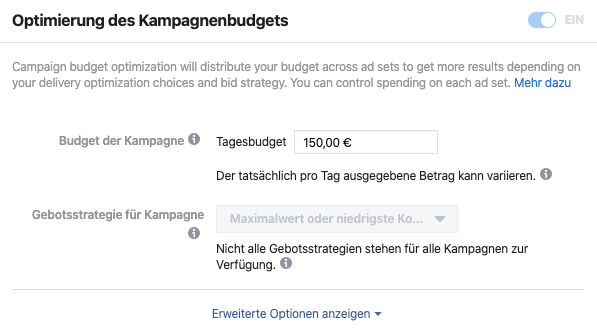 Facebook Kampagnenbudget einstellen