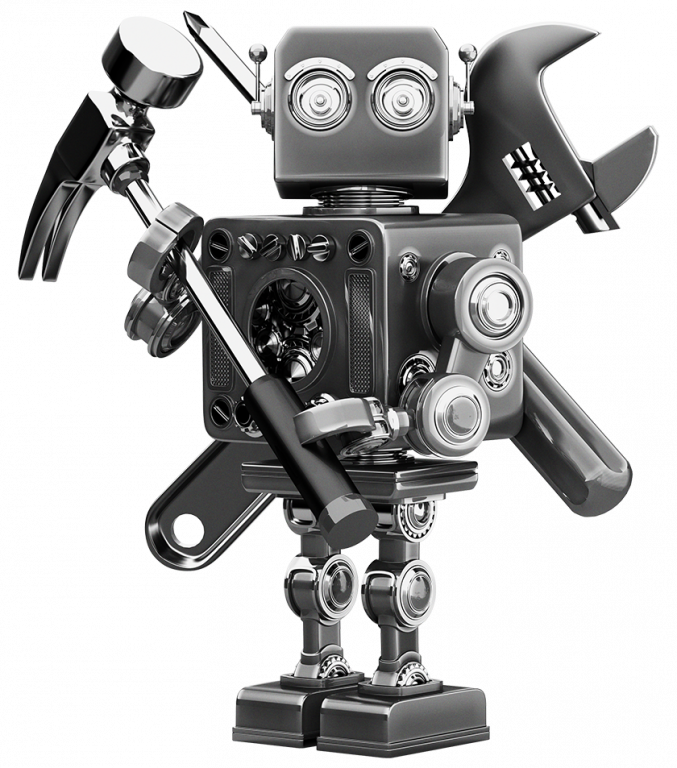 Roboter mit Hammer und Werkzeugen schwarz weiß