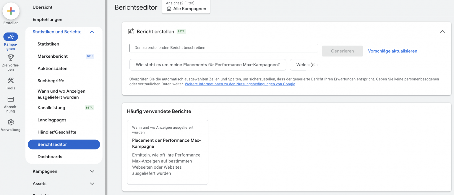 Berichtseditor bei Performance Max