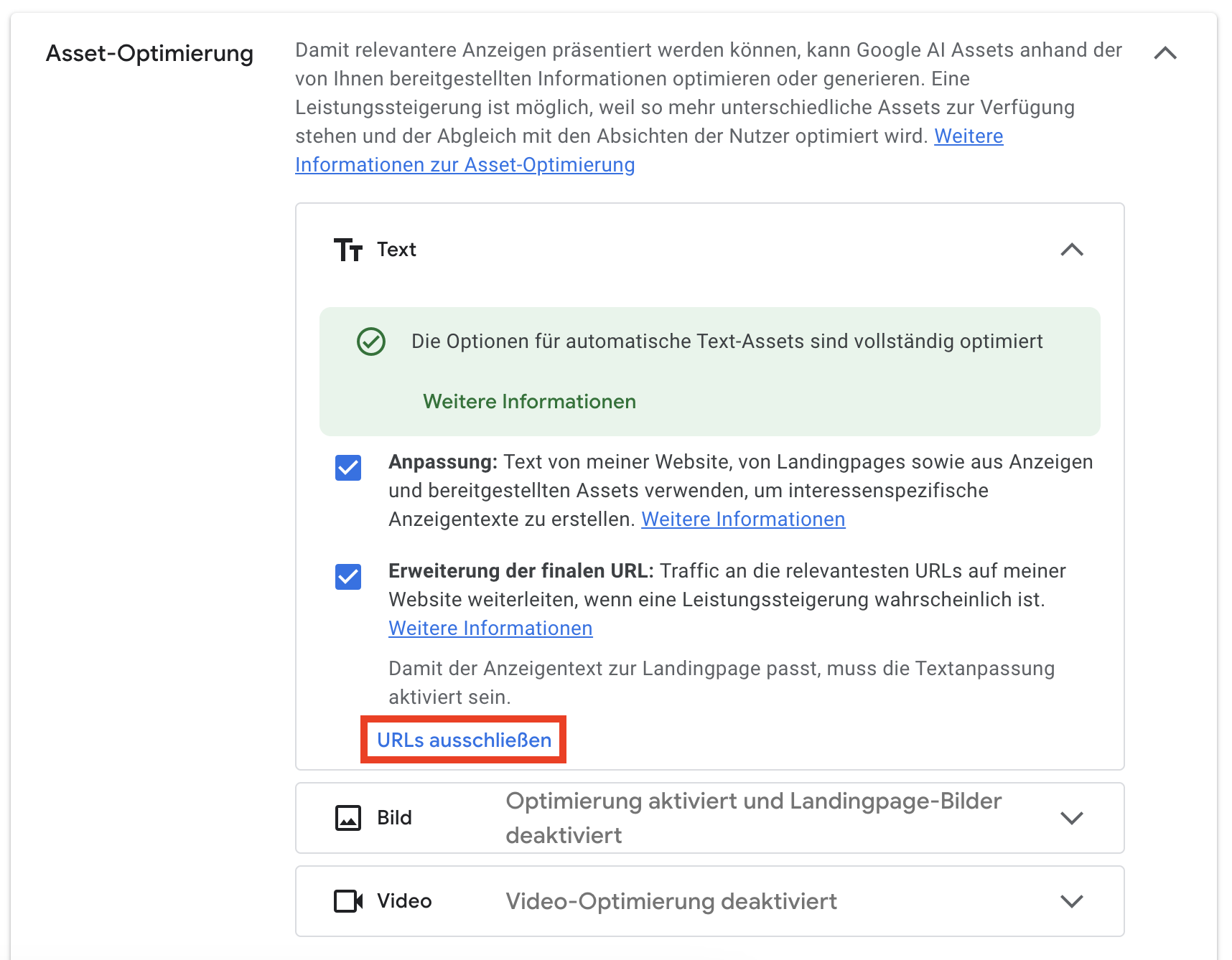 Asset-Optimierung URL ausschließen in Performance Max
