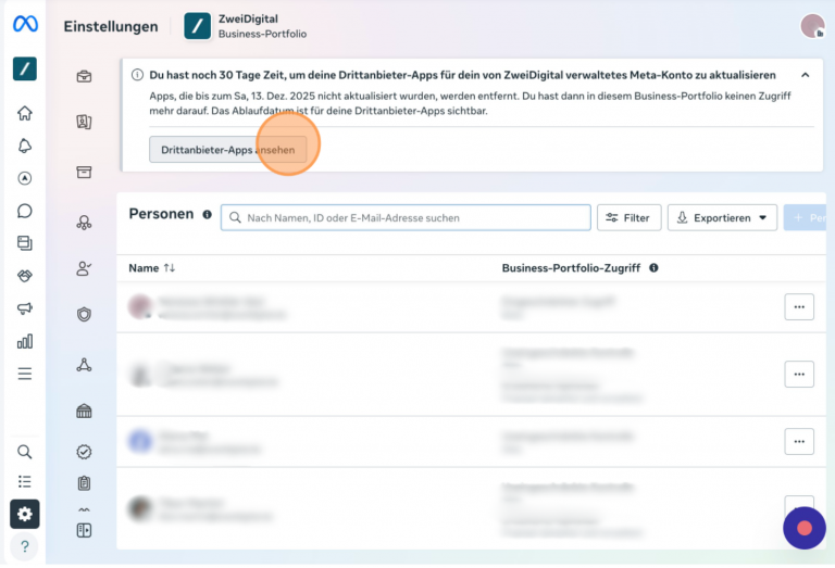 Drittanbieter Apps in berufliche Meta-Konten
