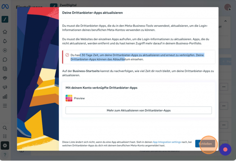 Übersicht Drittanbieter Apps in berufliche Meta-Konten