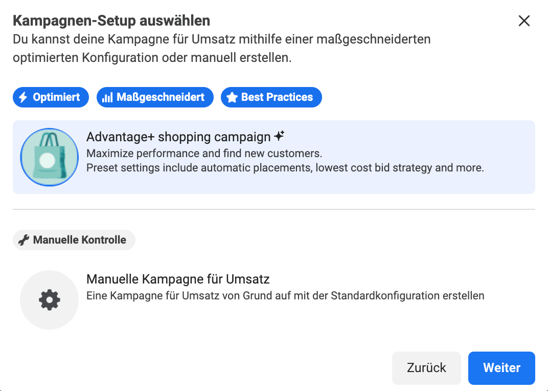 Advantage plus shopping campaign auswählen